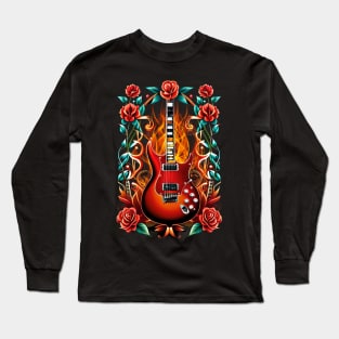 Electric guitar on fire with flowers 25 Long Sleeve T-Shirt